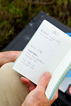 Notebook of Research scientist recording details of weights of Hen harrier chick (Circus cyaneus) Glen Tanar Estate, Grampian, Scotland, UK, June 2011