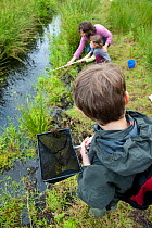Family pond dipping in rhyne, Westhay Nature Reserve, Somerset Levels, UK,  June 2011, model released