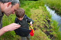 Family pond dipping in rhyne, visiting the Westhay Nature Reserve, Somerset Levels, UK, June 2011, model released