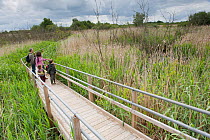 Family walking along raised walkway on visit to the Westhay Nature Reserve, Somerset Levels, UK,  June 2011, model released