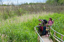 Family on raised wooden walkway on visit to the Westhay Nature Reserve, Somerset Levels, UK, June 2011, model released