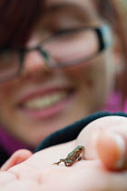 Children from Robert Blake Science College with froglets, learning about environmental issues at Westhay Nature Reserve, Somerset Levels, UK, June 2011, model released