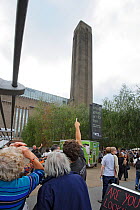 Participants at the RSPB 'Date With Nature Event'  learning about urban Peregrine falcon, outside the Tate Modern, South Bank, London, UK, September 2011, RSPB Greater Thames Futurescapes Project