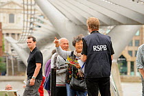 RSPB staff and member of the public at RSPB 'Date With Nature Event' for learning about urban Peregrine falcon, Tate Modern, South Bank, London, UK, September 2011, RSPB Greater Thames Futurescapes Pr...