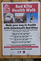 Red Kite trail sign in the Urban Red Kite area of the Derwent Valley, Gateshead, Tyne and Wear, UK, on the edge of Tyneside following on from the 'Northern Kites' re-introduction programme between 200...