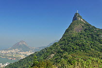 Corcovado Hill and the Christ Redemptor statue in the Atlantic Rainforest of Tijuca National Park, Rio de Janeiro City, Rio de Janeiro State, Southeastern Brazil, August 2011