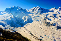 Glacier descending from Monte Rosa and Cervino (The Matterhorn) massif, Pennine Alps, Switzerland, April 2011.