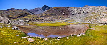 Mountain lake with Pic de Campbieil in the background, digitally stitched panorama, Hautes-Pyrenees, France, August.