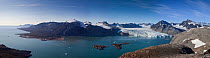 Panoramic landscape of the northern coast of King's Bay and Blomstrand Glacier, Spitzbergen, Svalbard, Norway, July 2011.  Digital blend of 29 images