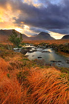 View looking towards Marsco, with stormy sky and the River Sligachan in foreground, Isle of Skye, Inner Hebrides, Scotland, UK, November 2010