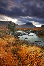 View looking towards Marsco, with cloudy sky and River Sligachan in foreground, Isle of Skye, Inner Hebrides, Scotland, UK, November 2010