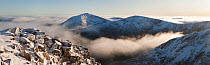 View from the summit of Braeriach and temperature inversion with summits of Sgòr an Lochain Uainewith (The Angel's Peak) and Cairn Toul beyond, Cairngorms NP, Scotland