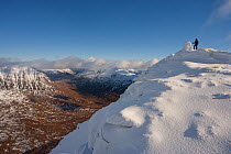 Hillwalker on the the summit of Tom na Gruagaich in winter, Beinn Alligin, Torridon, Scotland, UK, February 2010 Model Released