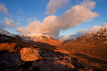 View from the flanks of Tom na Gruagaich, one of the summits of Beinn Alligin, looking East towards Beinn Dearg and Liathach, Torridon, Scotland, UK, February. 2020VISION Book Plate.