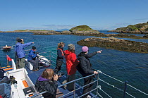 Wildlife watchers looking and pointing on observation deck of Sea Life Surveys vessel Sula Beag, Cairns of Coll, Inner Hebrides, Scotland, UK, July 2011