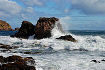 Waves breaking on Seagull Rock or Maw Carr, a popular dive site, St Abbs (St Abbs and Eyemouth Voluntary Marine Reserve), Berwickshire, Scotland, UK, August 2011