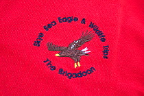 Logo of Brigadoon, a tourist boat operator specialising in trips to see White-tailed sea eagle, Portree, Skye, Inner Hebrides, Scotland, UK, June