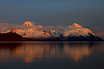 Mount Case and Mount Wright with reflections in water, Muir Point, Glacier Bay, Alaska, May 2011