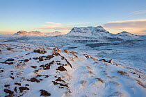 View of Cul Mor and Suilven in winter, Coigach, Wester Ross, Scotland, UK, December 2010