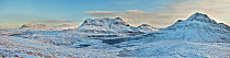 Panoramic view of Cul Mor, Cul Beag and Suilven in winter, Coigach, Wester Ross, Scotland, UK, December 2010