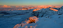 Panoramic view from Sgurr an Fhidhleir towards Stac Pollaidh at sunset, Coigach, Wester Ross, Scotland, UK, December 2010