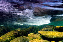 Underwater view of River Glaslyn rapids, Snowdonia NP, Gwynedd, Wales, UK, April
