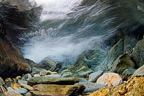 Underwater landscape within a mountain stream, showing water turbulence, Snowdonia NP, Gwynedd, Wales, UK, December