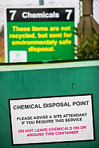 Chemical disposal point information sign at a recycling centre, Stroud, Gloucestershire, UK, February 2008.