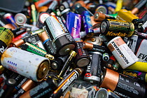 Close up of disposable batteries at a recycling centre, Stroud, Gloucestershire, UK, February 2008.