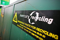 Mercury recycling information sign at a recycling centre, Stroud, Gloucestershire, UK, February 2008.