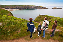 Family walking on the Pembrokeshire Coast Path looking down at Caerfai Bay, Wales, UK, June 2009.