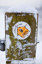 Cotswold Way National Trail information waymarker sign covered in snow, Coaly Peak, Gloucestershire, UK, January 2010.