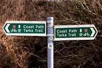 The Tarka Trail cycle path and Coastal Path information signs, Devon, UK, March 2010.