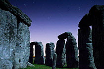 Close up of Stonehenge stones at night, Wiltshire, England, Uk, September 2009.