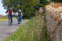 Mother and daughter cycling in the Cotswolds at Guiting Power, Gloucestershire, UK, August 2011.