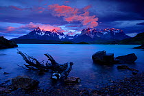 Paine mountains at dawn seen from Pehoe Lake, Torres del Paine National Park, Patagonia, Chile