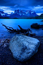 Paine mountains at dawn seen from Pehoe lake, Torres del Paine National Park, Patagonia, Chile
