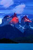 Cuernos del Paine at dawn seen from Pehoe lake, Torres del Paine National Park, Patagonia, Chile