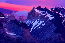 Paine mountains at dawn seen from Pehoe lake, Torres del Paine National Park, Patagonia, Chile
