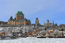 Fontenac castle above the partially frozen St. Lawrence River, Montreal, Quebec, Canada, March 2011