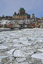Fontenac castle above the partically frozen St Lawrence River, Montreal, Quebec, Canada, March 2011