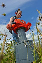 RSPB research ecologist using vacuum apparatus to sample invertebrates at the RSPB's Hope Farm Reserve, Cambridgeshire, England, UK, July
