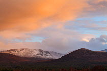 View of the Lairig Ghru pass through the Grampian Mountains in winter, Cairngorms National Park, Scotland, UK, November