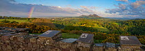 Panoramic view over the River Tweed of the Eildon Hills from 'Scott's View', with rainbow, Melrose, Scotland, England, UK, May