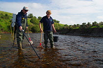 Scientist Kenny Galt (left) and assistant Fraser Brown electro fishing for salmon and sea trout parr on the River Whiteadder to monitor population, density and health of the fish and water quality for...