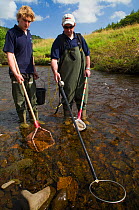 Scientist Kenny Galt (right) and assistant Fraser Brown electro fishing for Atlantic salmon (Salmo salar) and Brown trout (Salmo trutta) parr on the River Whiteadder to monitor population, density and...