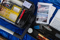 Equipment used by Tweed Foundation staff whilst netting and tagging migratory Atlantic Salmon (Salmo salar) and Brown trout (Salmo trutta) for monitoring fish movement, density and biology on the Rive...