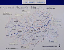 Map of the River Tweed catchment area displayed in the offices of The Tweed Foundation, Roxburghshire, Scotland, UK, October