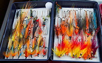 Box of various coloured fishing fly hooks, Selkirkshire, Scotland, UK, October. 2020VISION Exhibition. 2020VISION Book Plate.