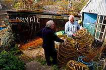 Nigel Legge (facing), a fisherman, artist and willow ('withy') lobster pot maker standing outside his workshop, Cornwall, England, UK, March 2011 Model released
